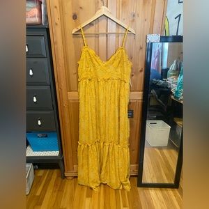 Lulus Charm and Charisma Mustard Yellow Burnout Floral Midi Dress NWT